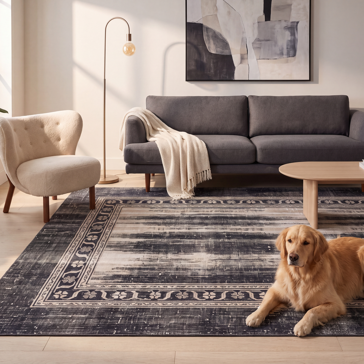 A dog resting on the rug in a living room.