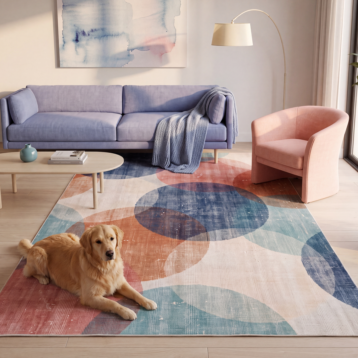 A dog resting on the rug in a living room.