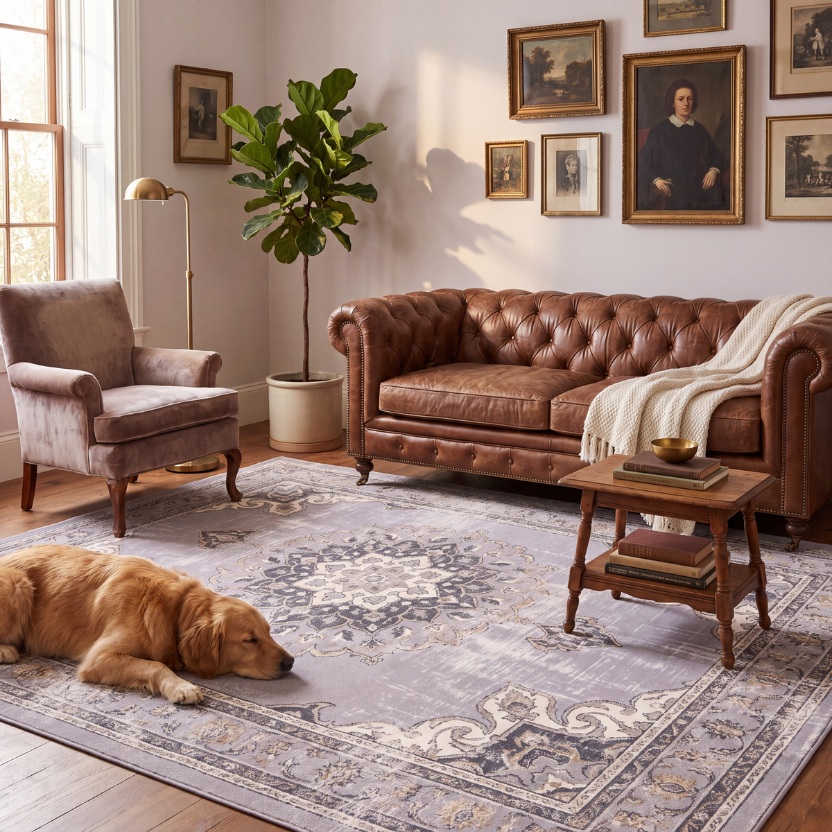 A dog resting on the rug in a living room.