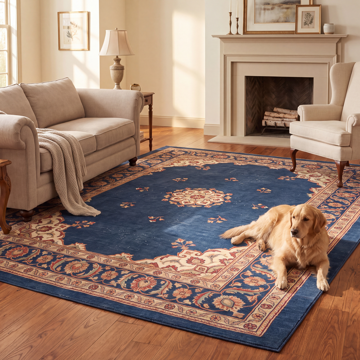A dog resting on the rug in a living room.