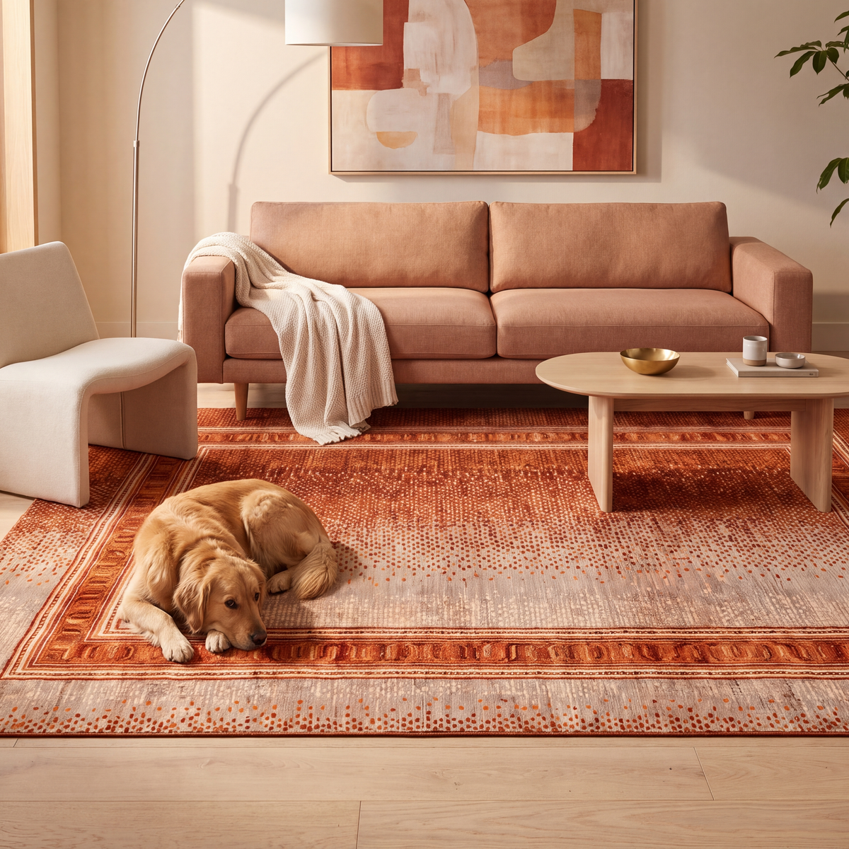 A dog resting on the rug in a living room.