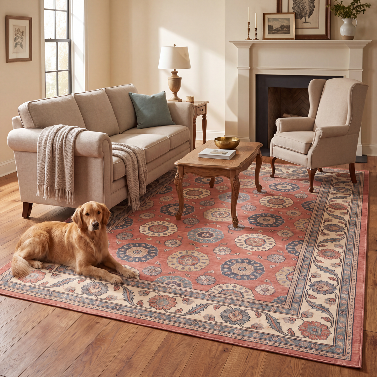 A dog resting on the rug in a living room.