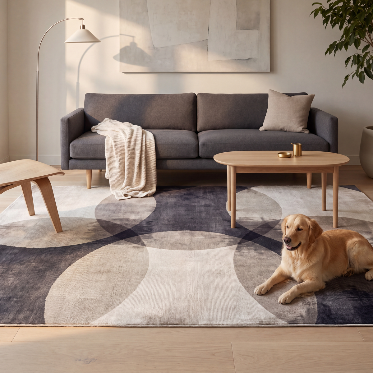 A dog resting on the rug in a living room.