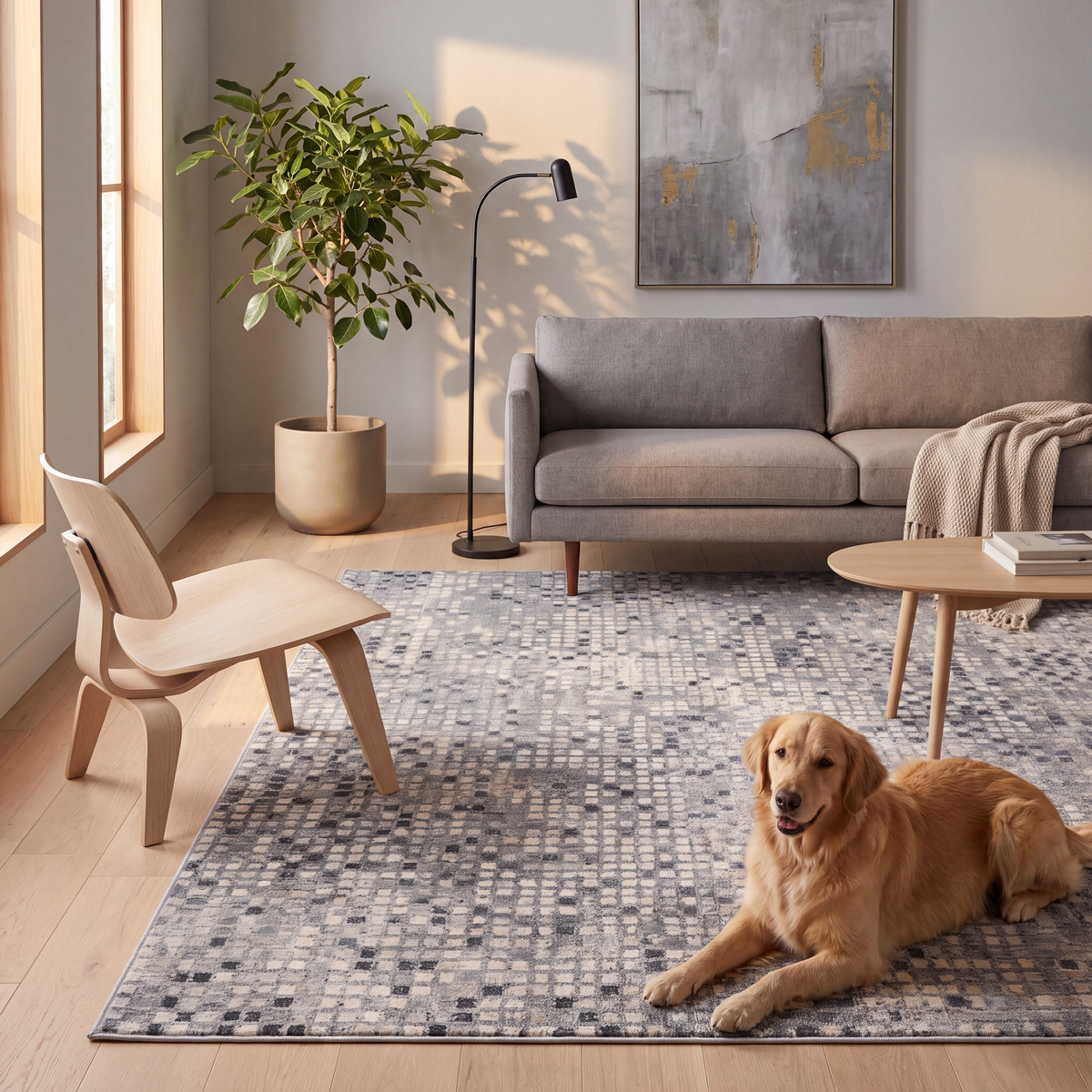 A dog resting on the rug in a living room.