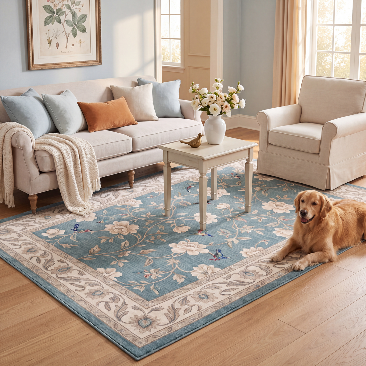 A dog resting on the rug in a living room.
