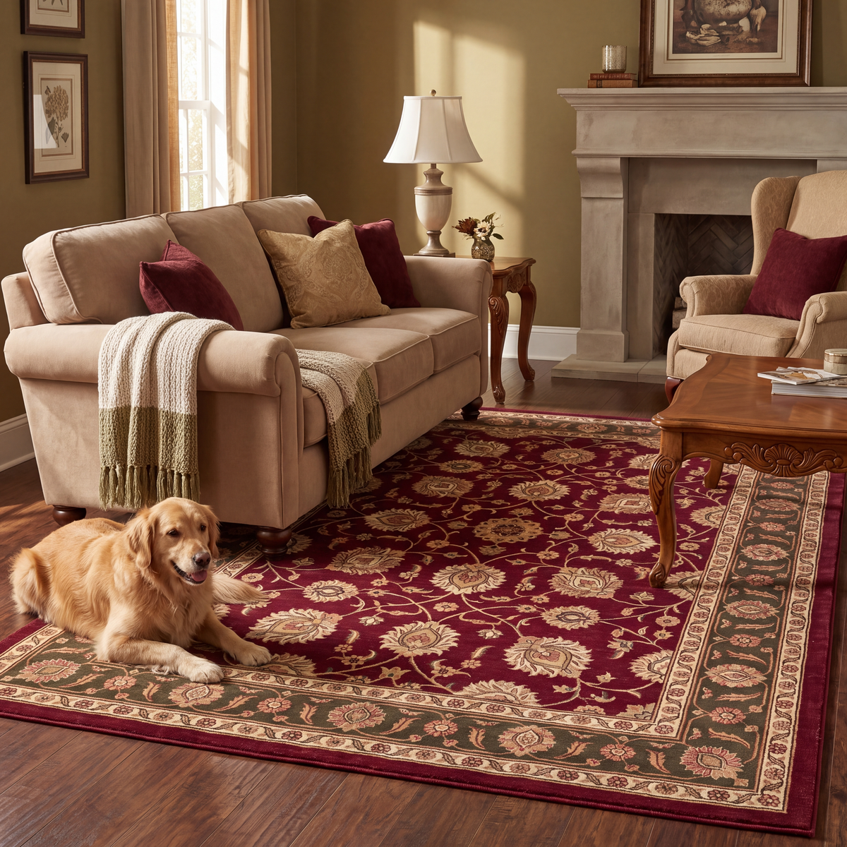 A dog resting on the rug in a living room.