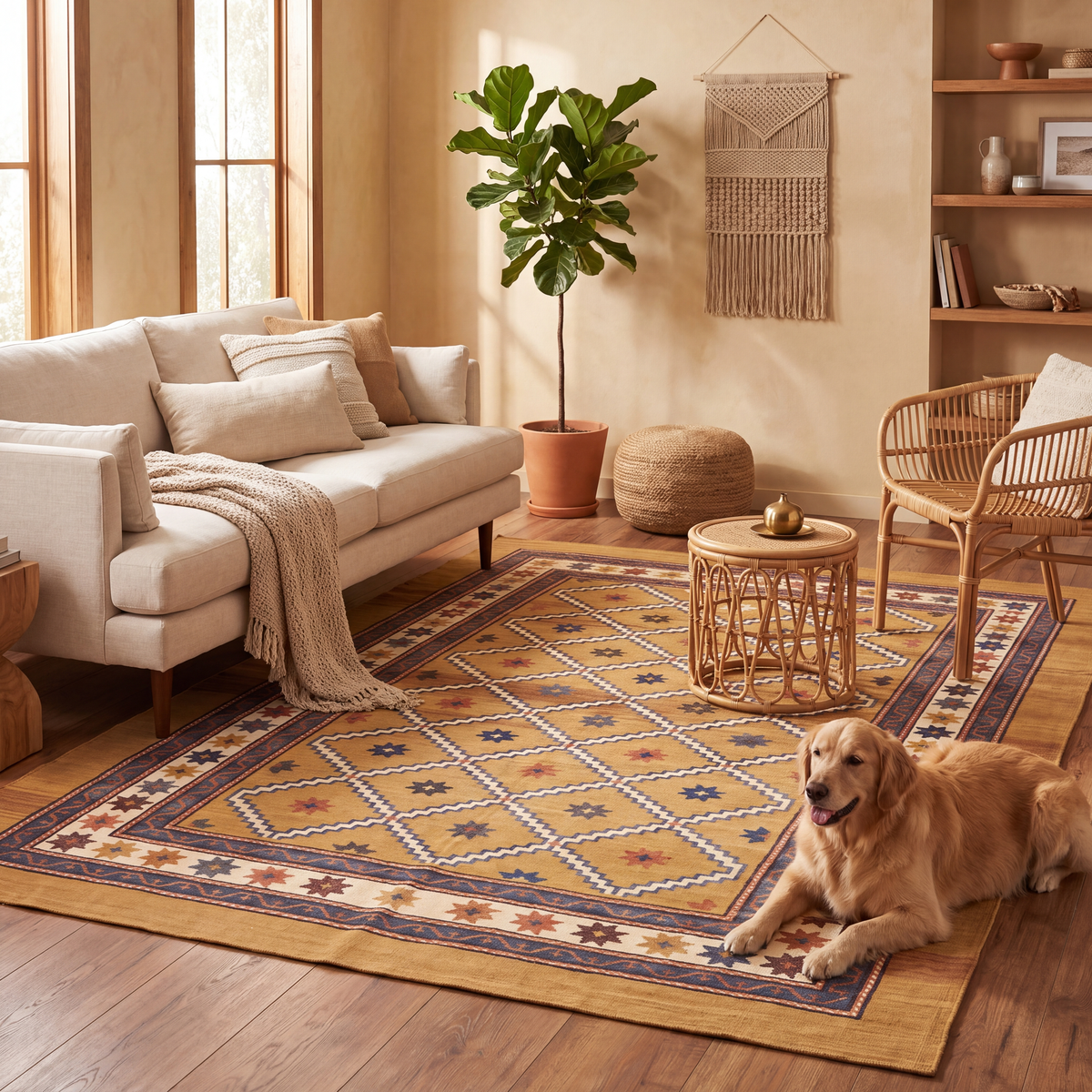 A dog resting on the rug in a living room.