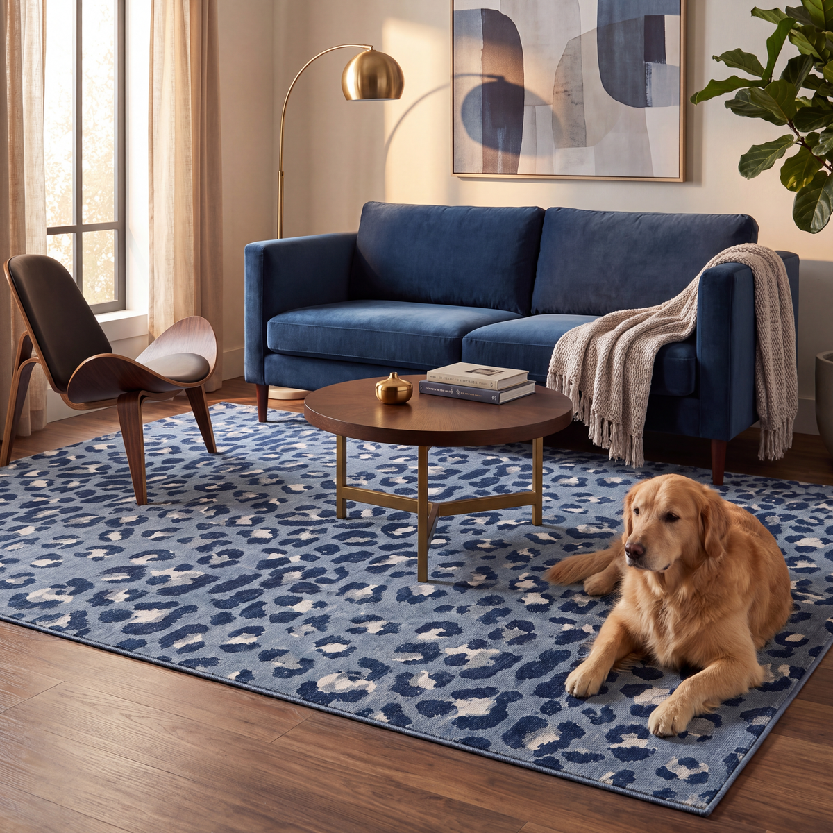 A dog resting on the rug in a living room.
