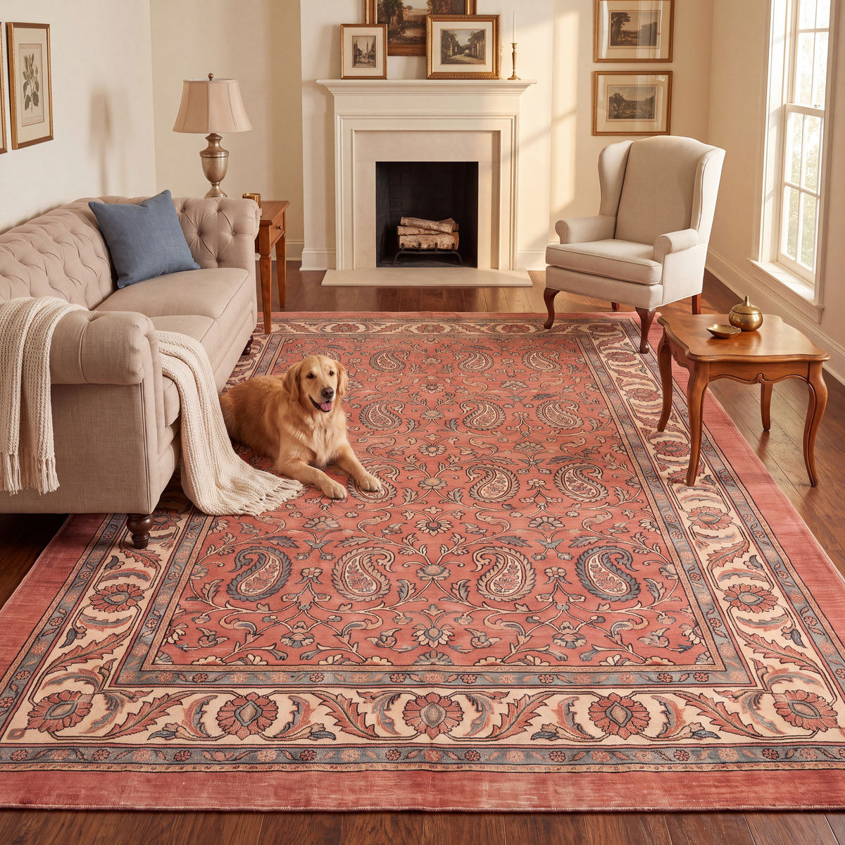 A dog resting on the rug in a living room.
