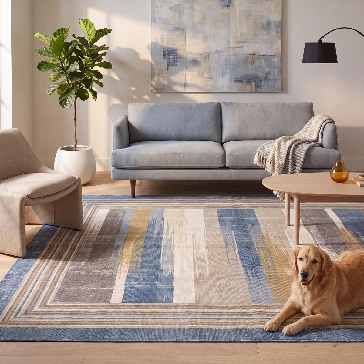 A dog resting on the rug in a living room.