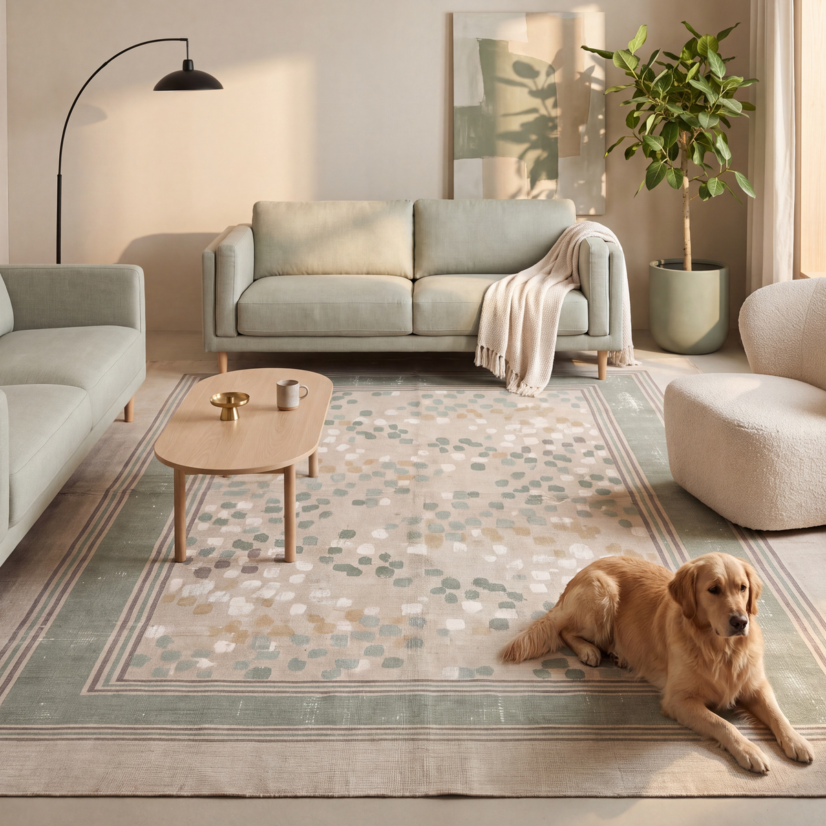 A dog resting on the rug in a living room.