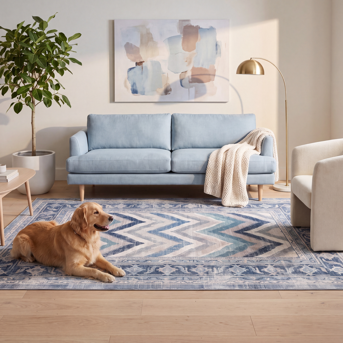 A dog resting on the rug in a living room.