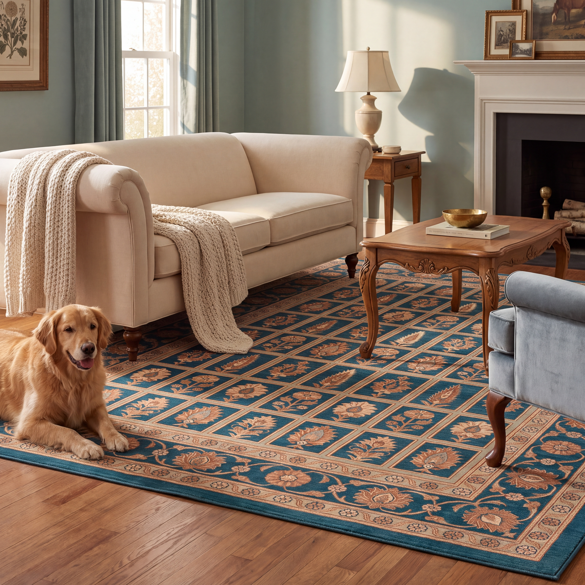 A dog resting on the rug in a living room.