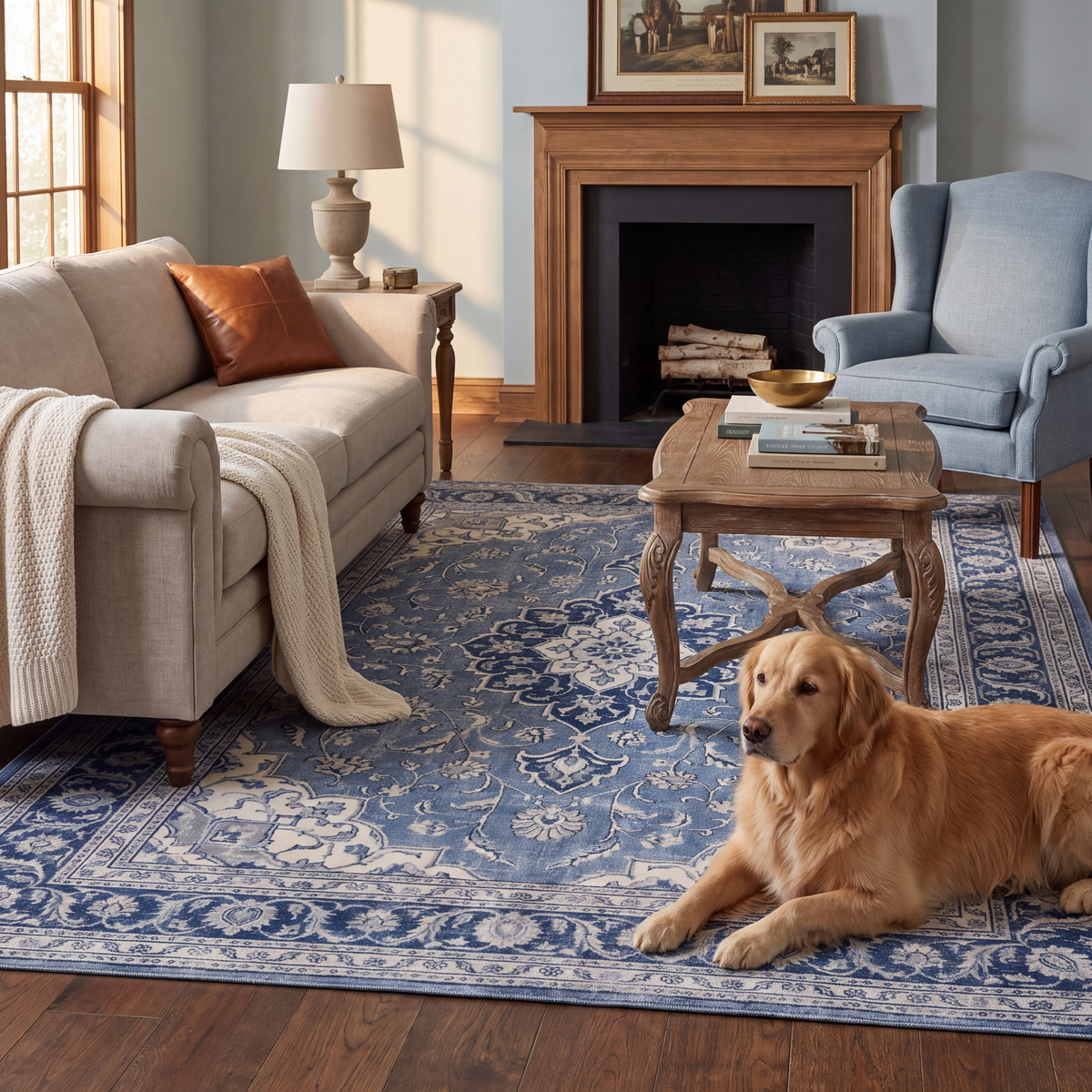 A dog resting on the rug in a living room.
