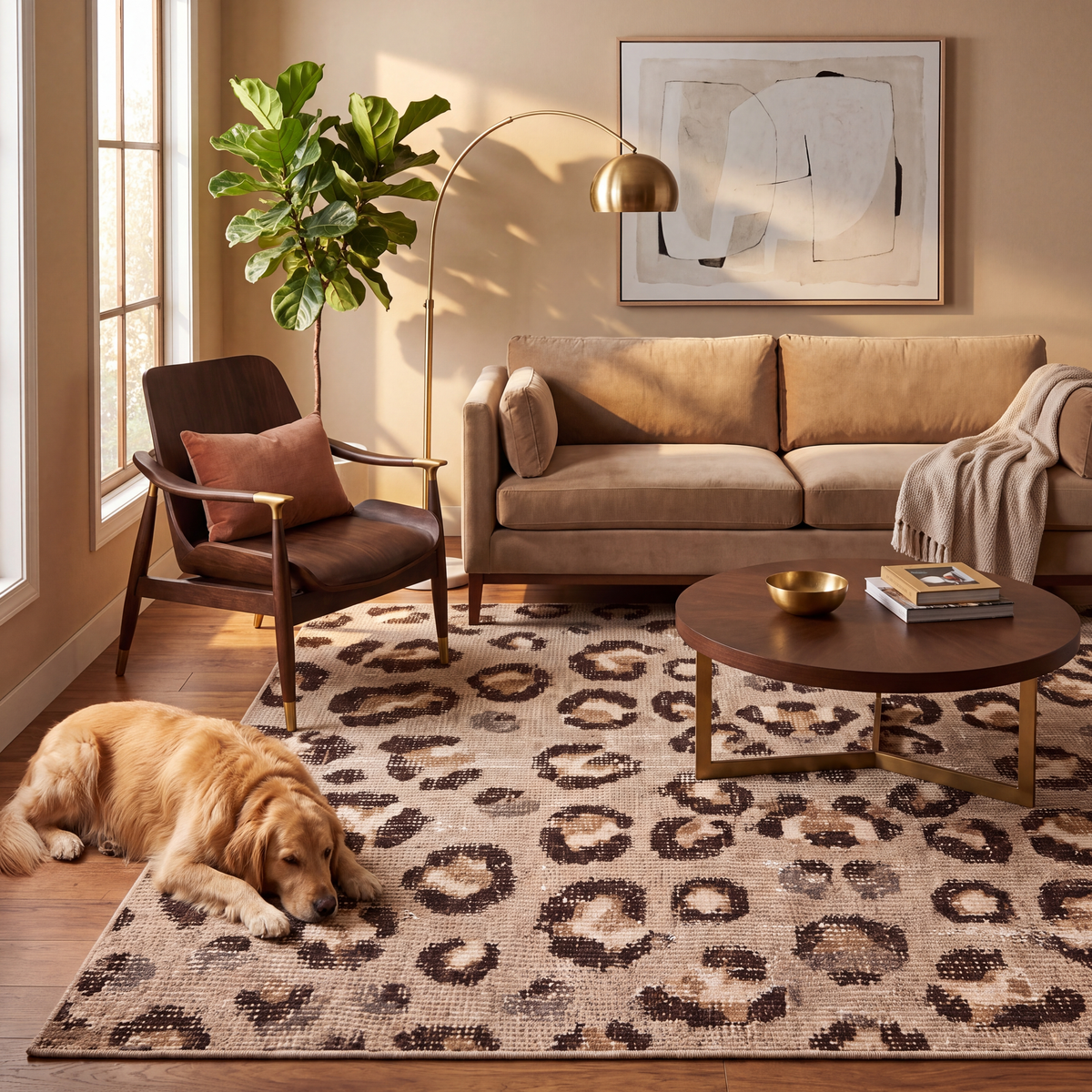 A dog resting on the rug in a living room.
