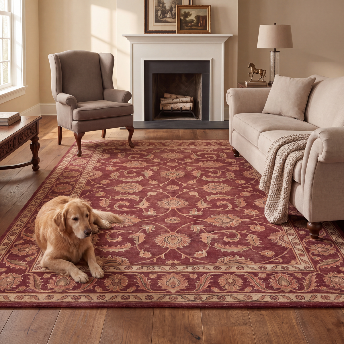 A dog resting on the rug in a living room.