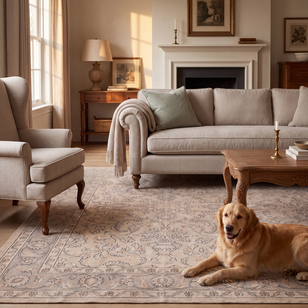 A dog resting on the rug in a living room.