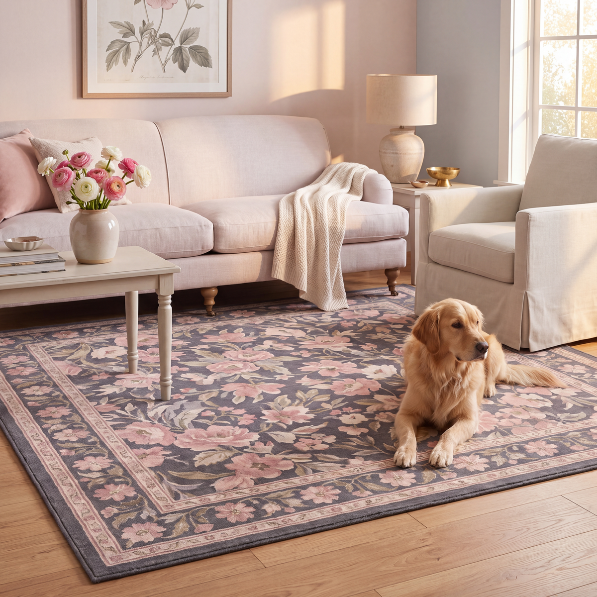 A dog resting on the rug in a living room.