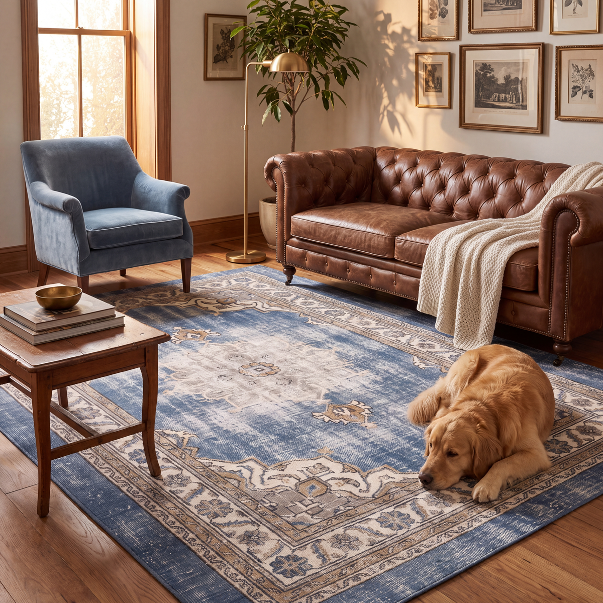 A dog resting on the rug in a living room.