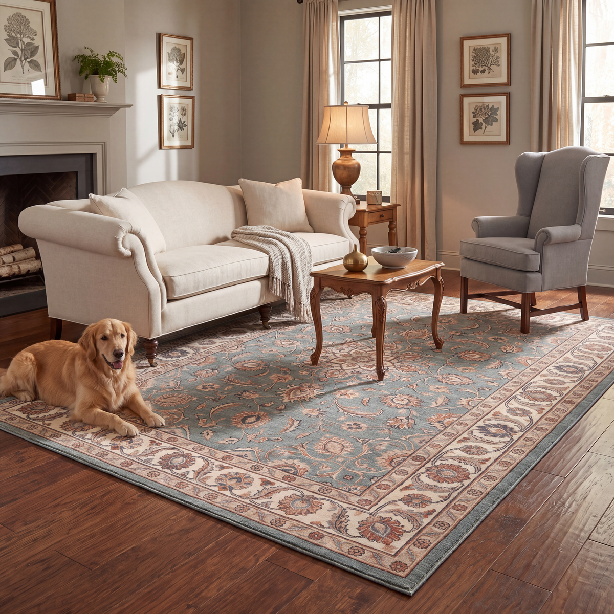 A dog resting on the rug in a living room.