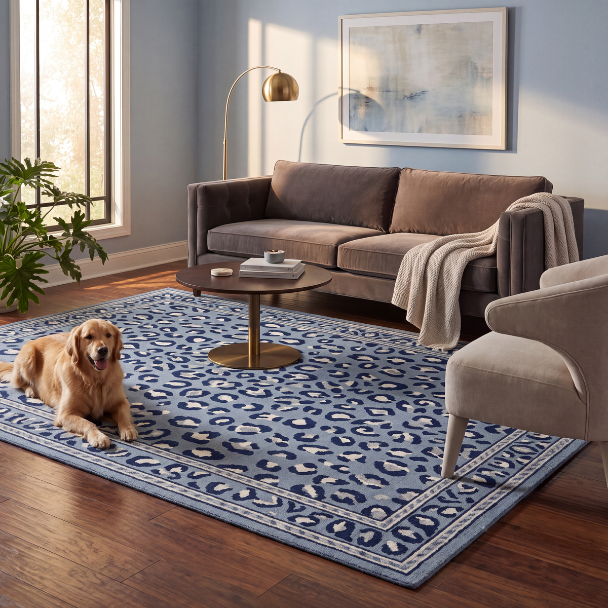 A dog resting on the rug in a living room.
