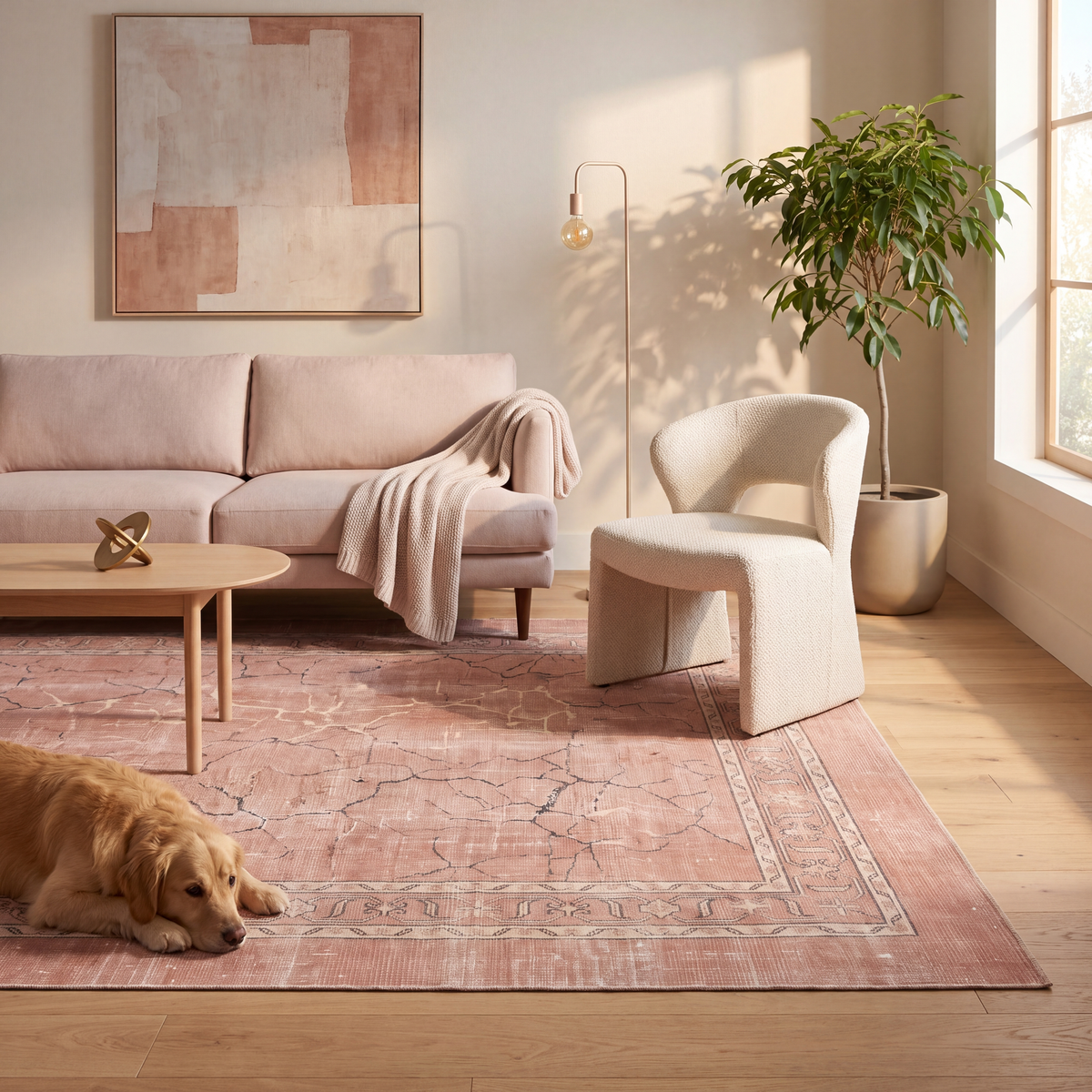 A dog resting on the rug in a living room.