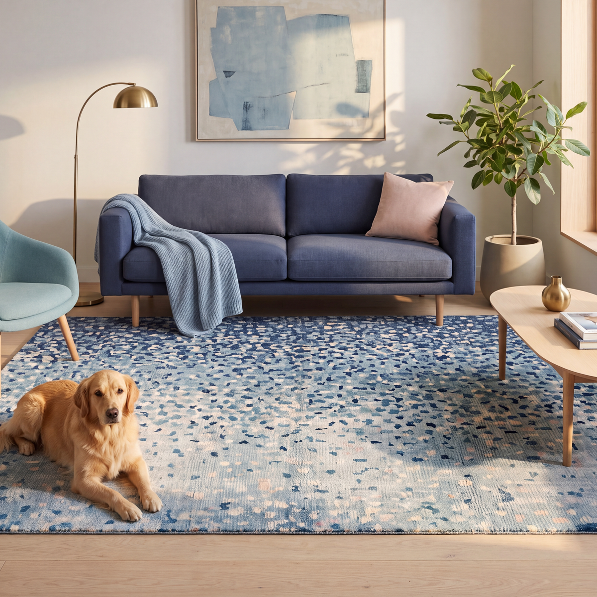 A dog resting on the rug in a living room.