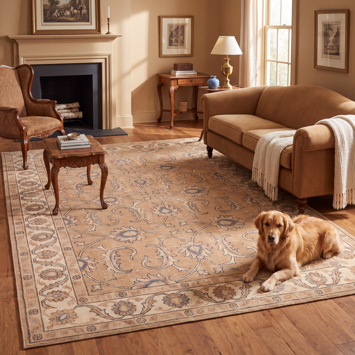 A dog resting on the rug in a living room.