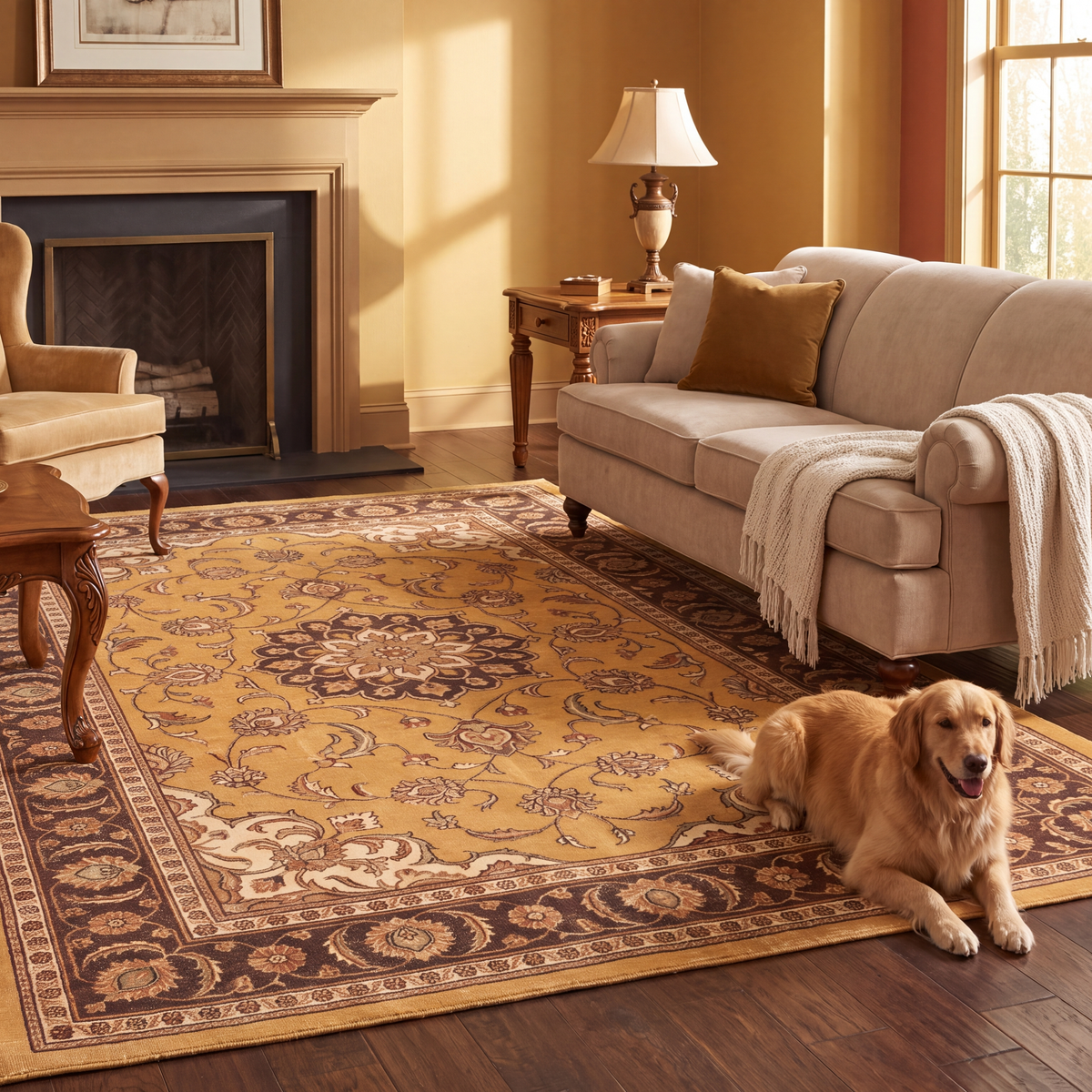 A dog resting on the rug in a living room.