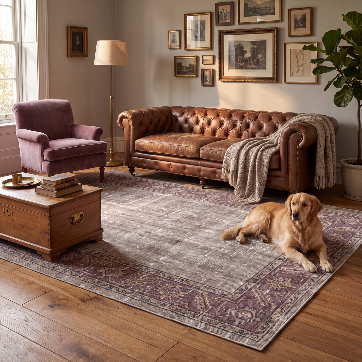 A dog resting on the rug in a living room.