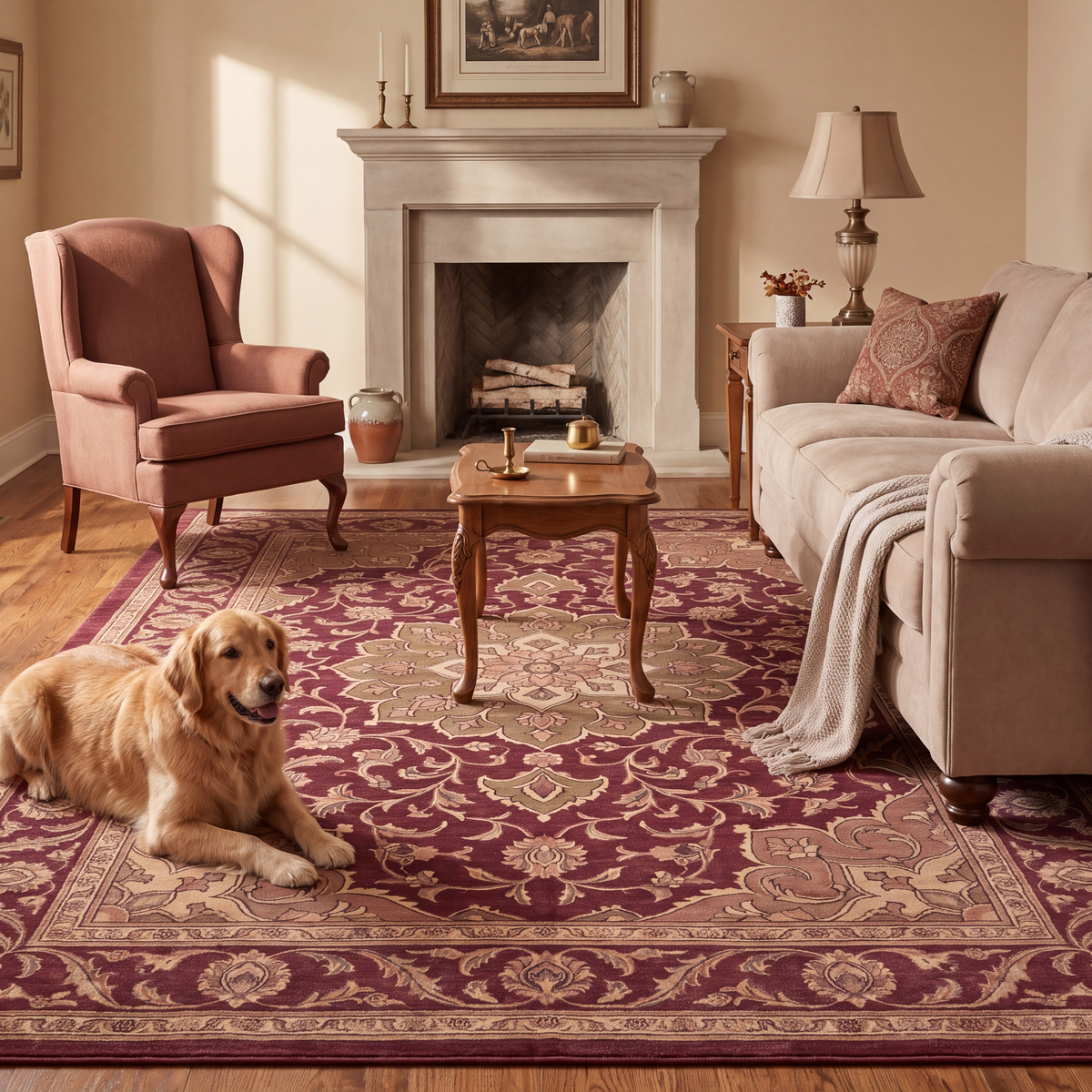 A dog resting on the rug in a living room.
