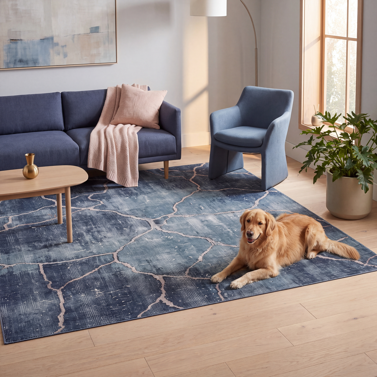 A dog resting on the rug in a living room.