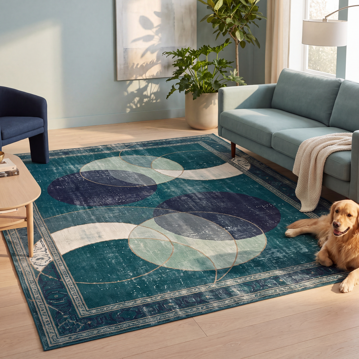 A dog resting on the rug in a living room.