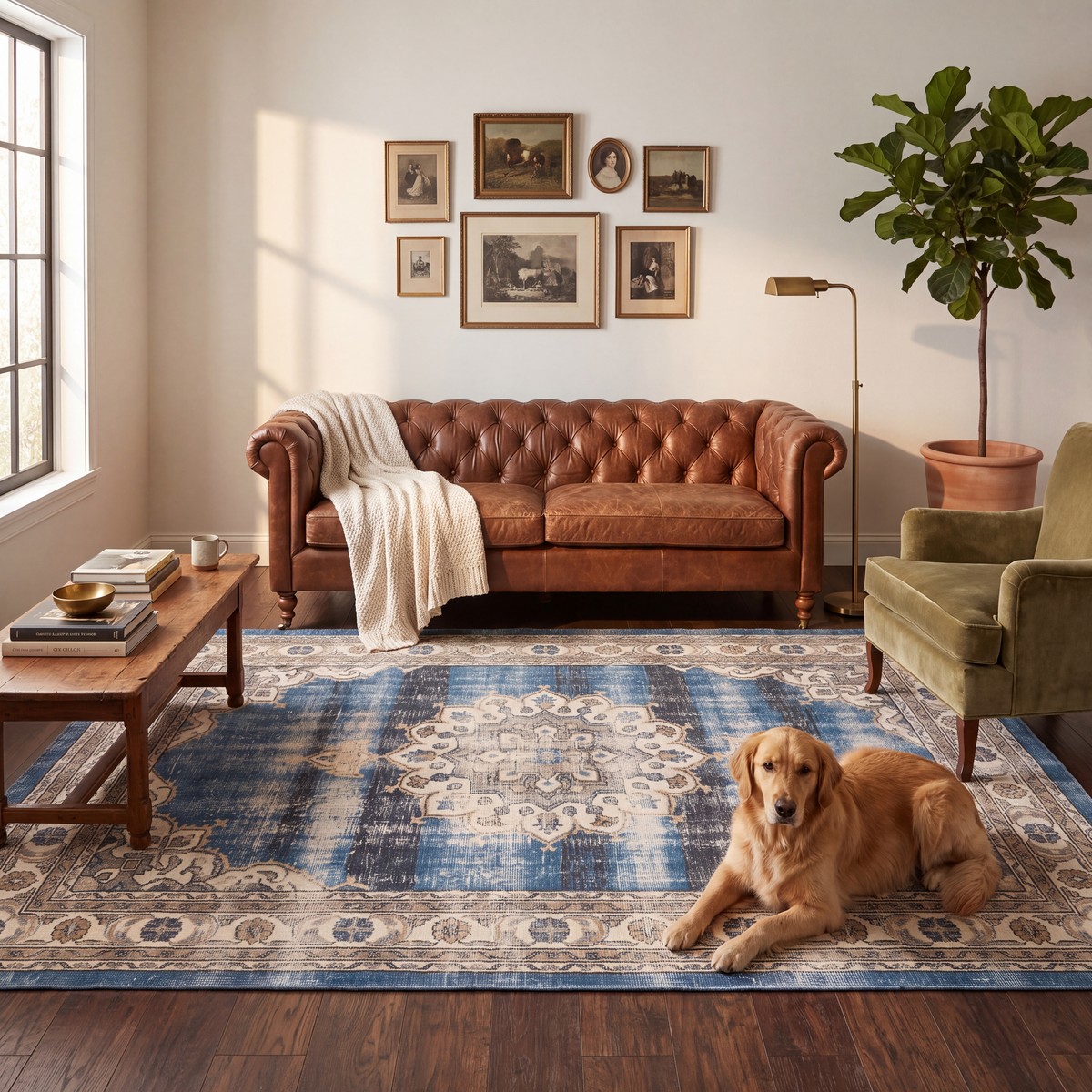 A dog resting on the rug in a living room.