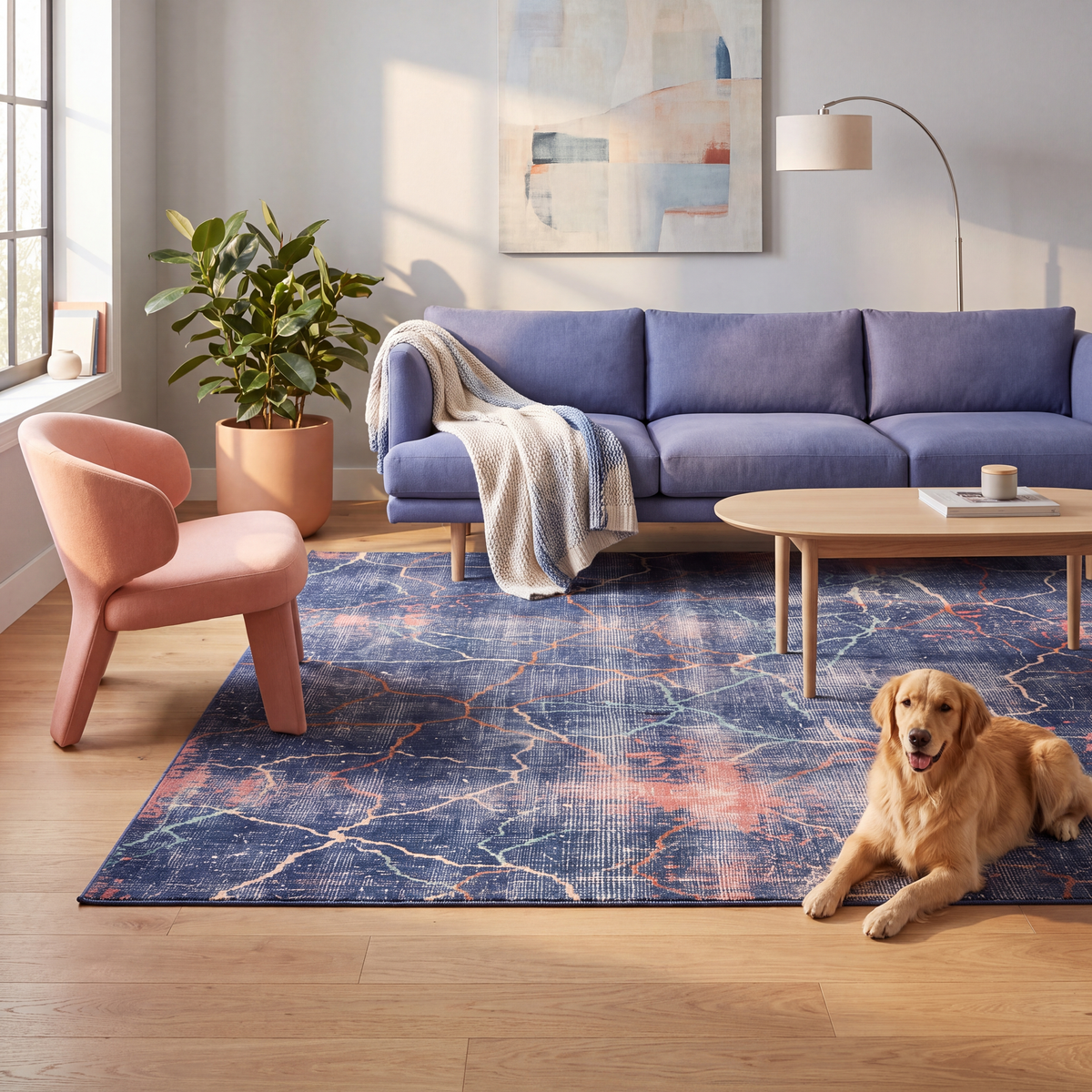A dog resting on the rug in a living room.