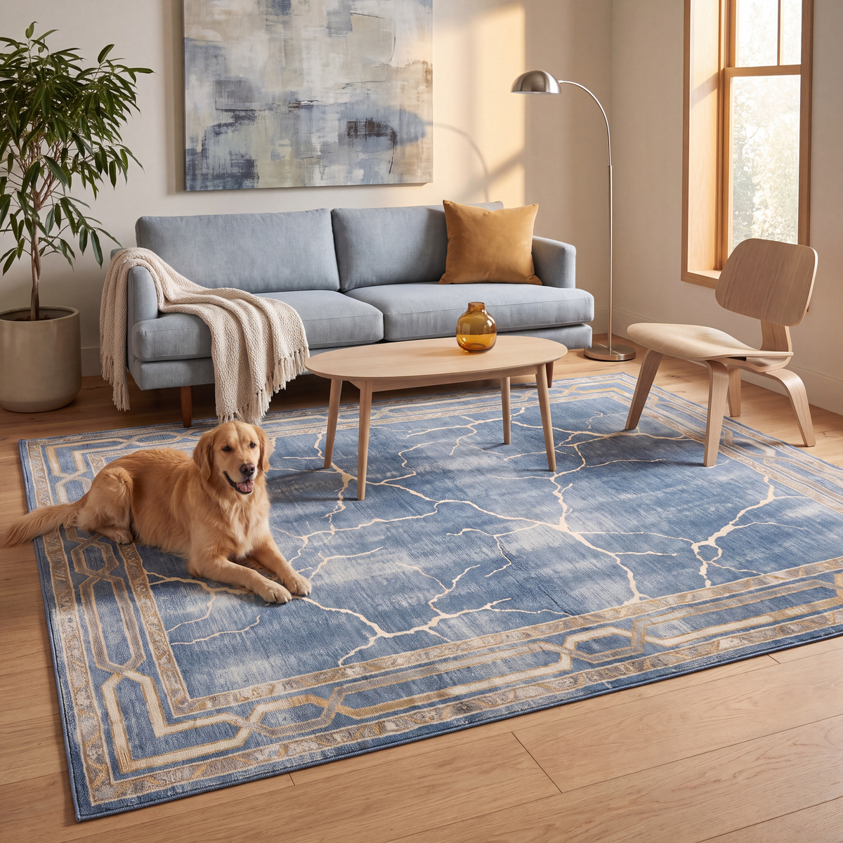 A dog resting on the rug in a living room.