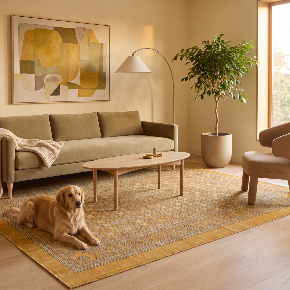 A dog resting on the rug in a living room.