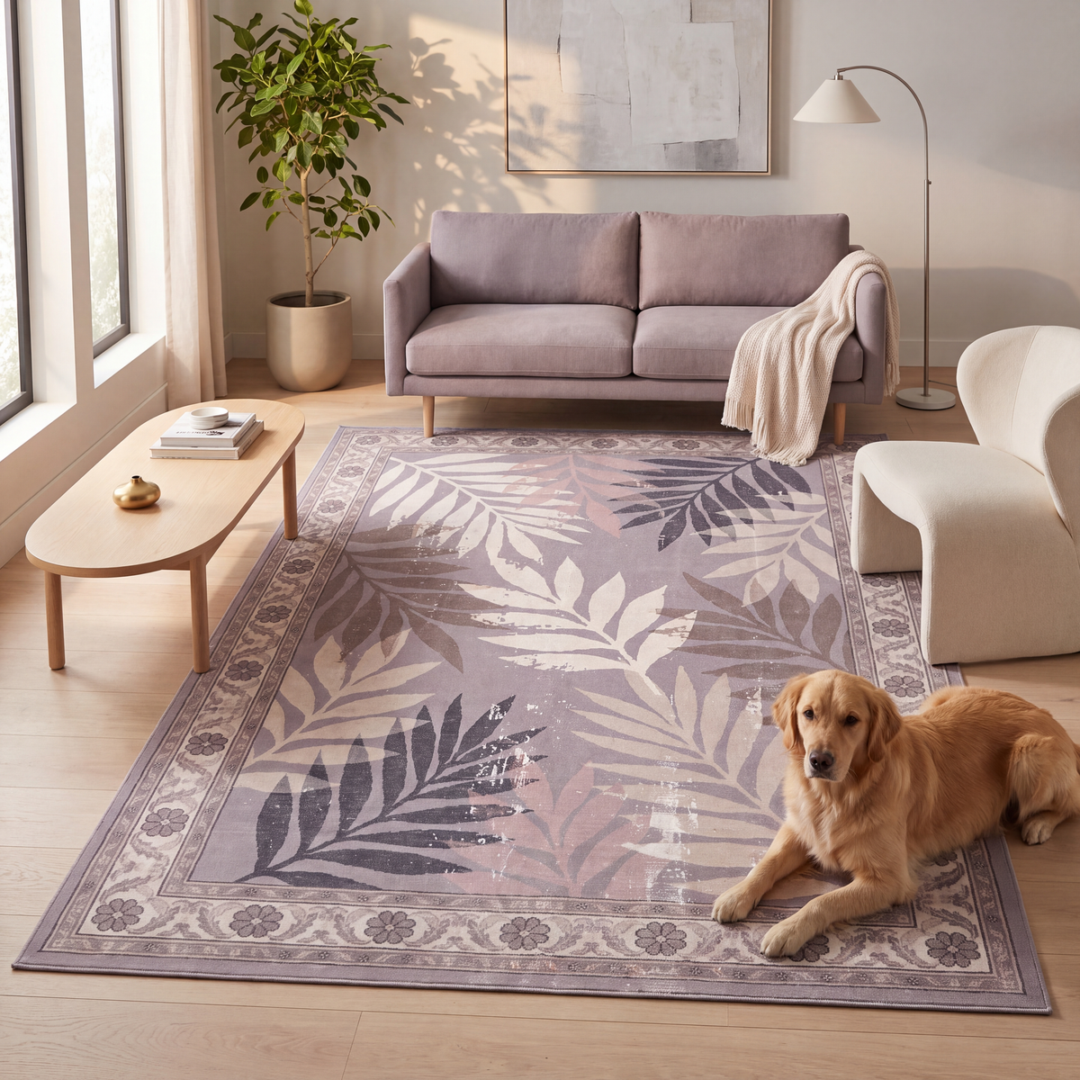 A dog resting on the rug in a living room.