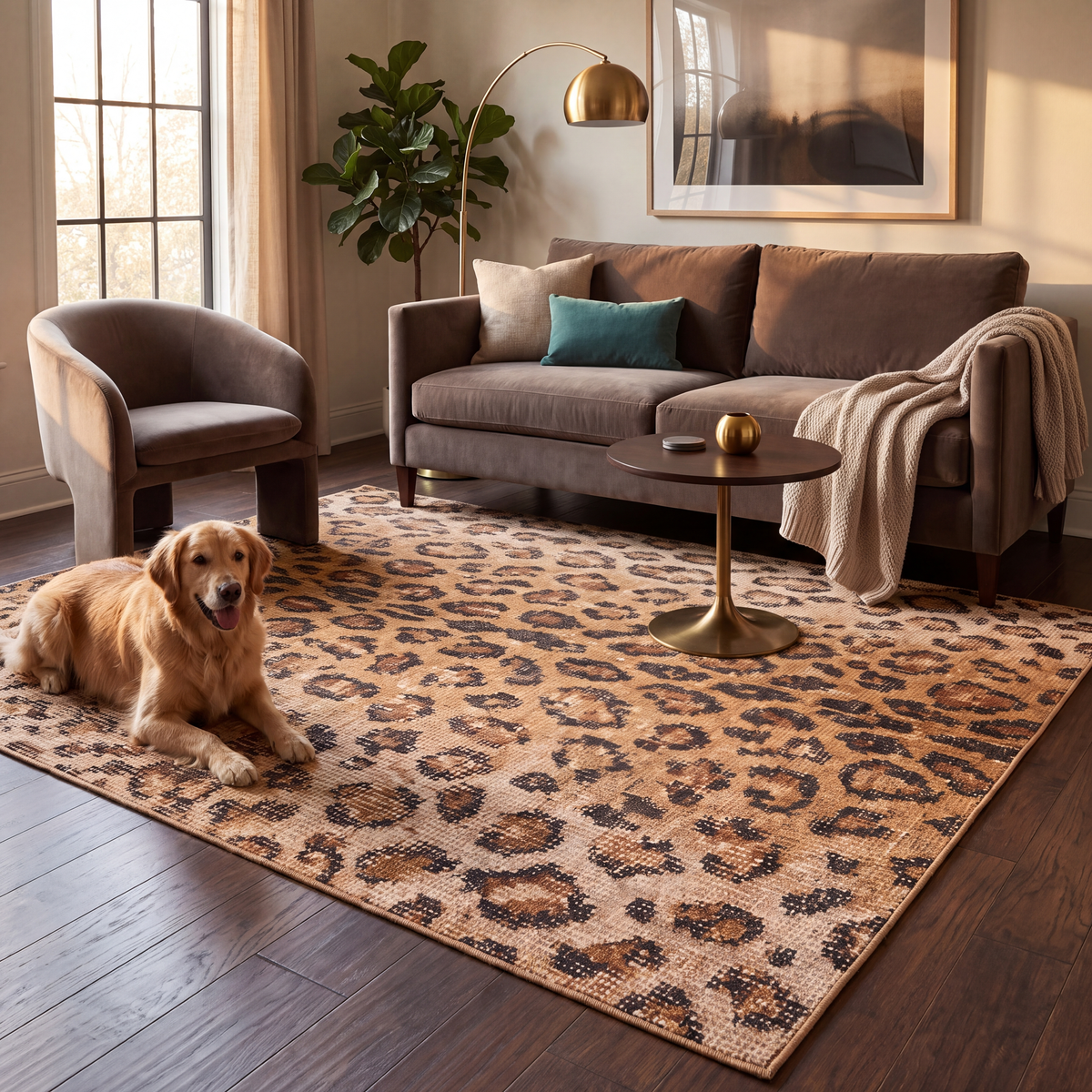 A dog resting on the rug in a living room.