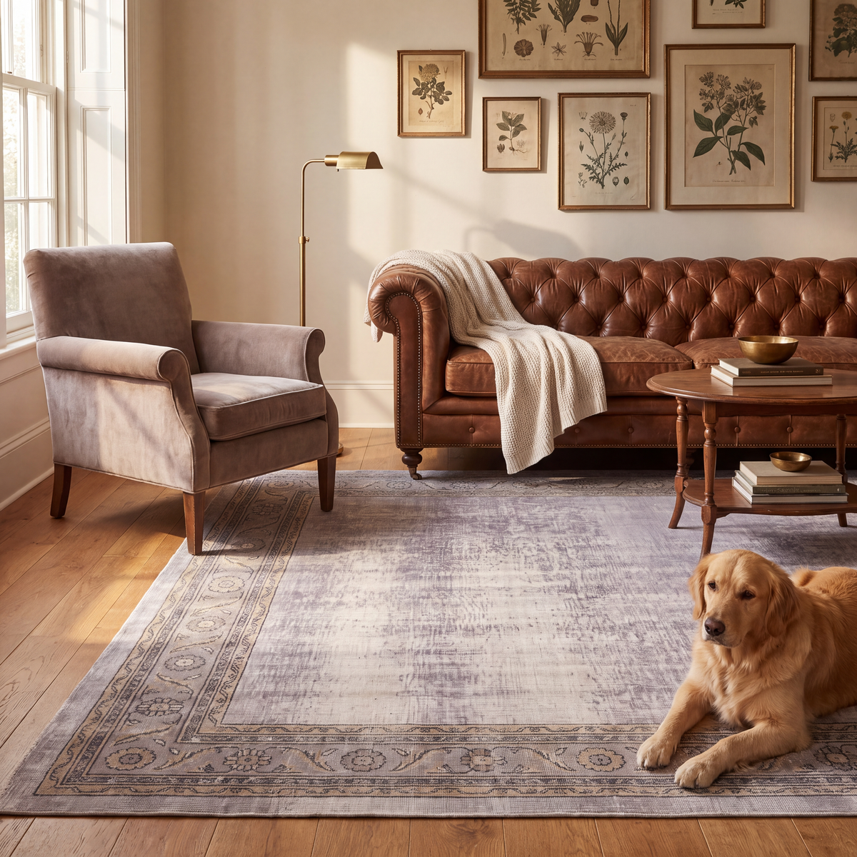 A dog resting on the rug in a living room.