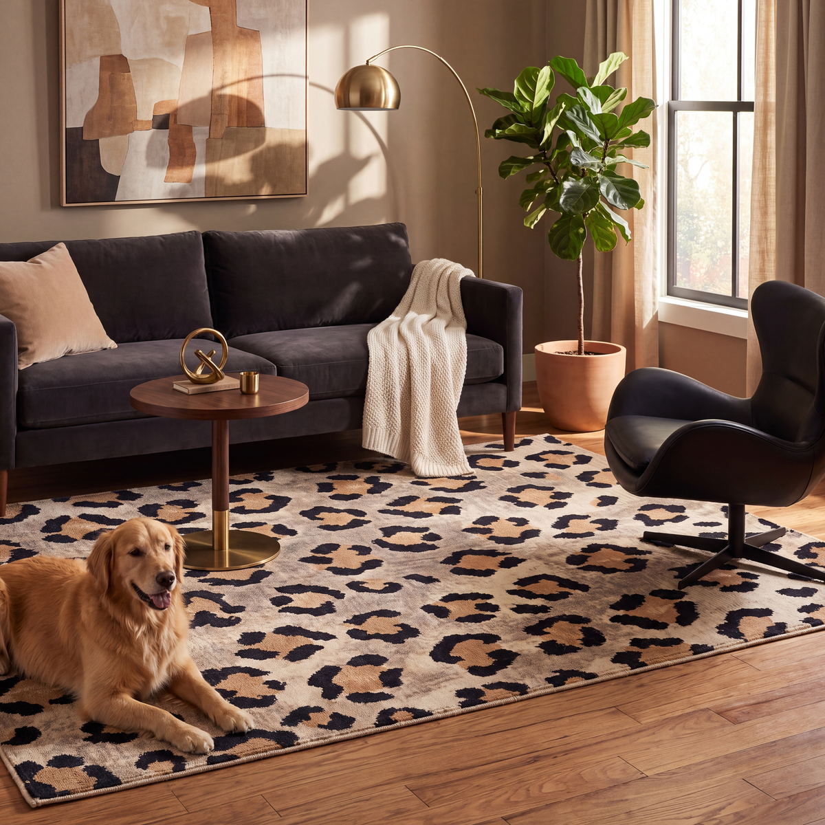 A dog resting on the rug in a living room.