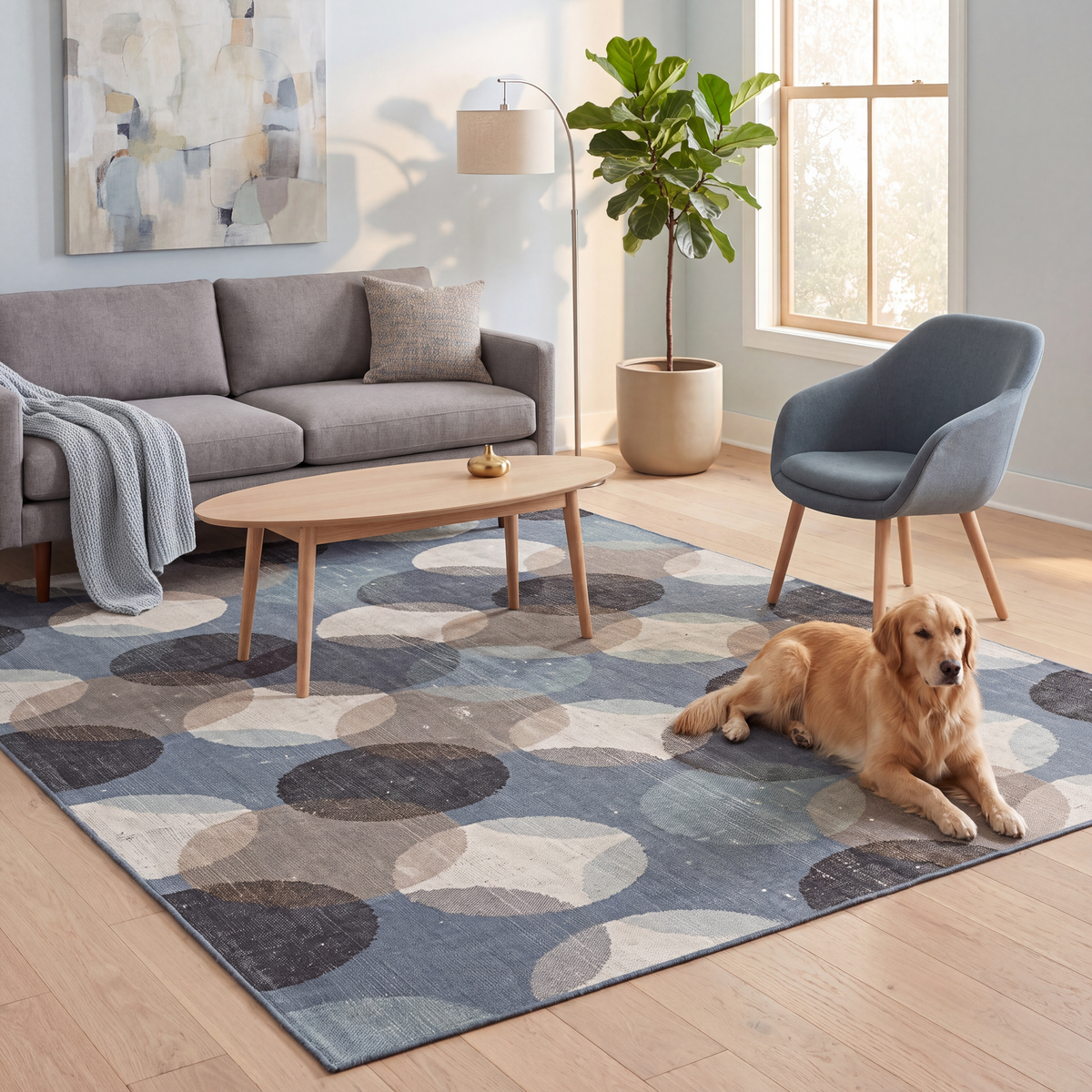 A dog resting on the rug in a living room.