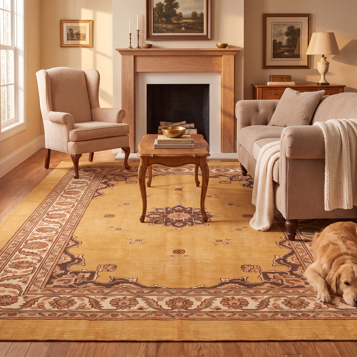 A dog resting on the rug in a living room.