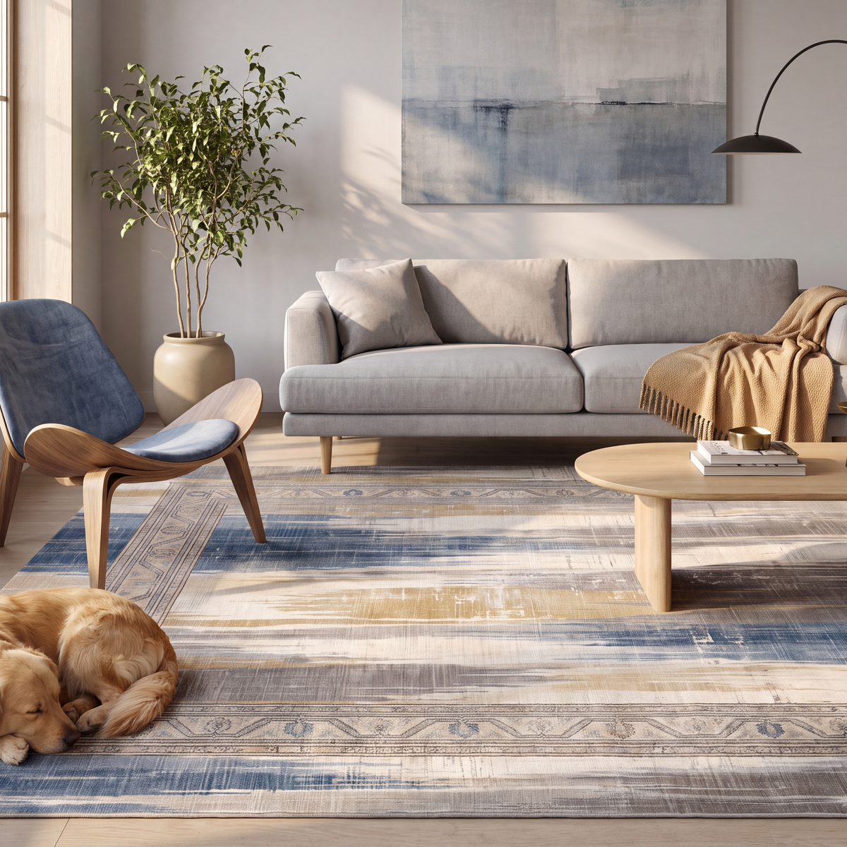 A dog resting on the rug in a living room.