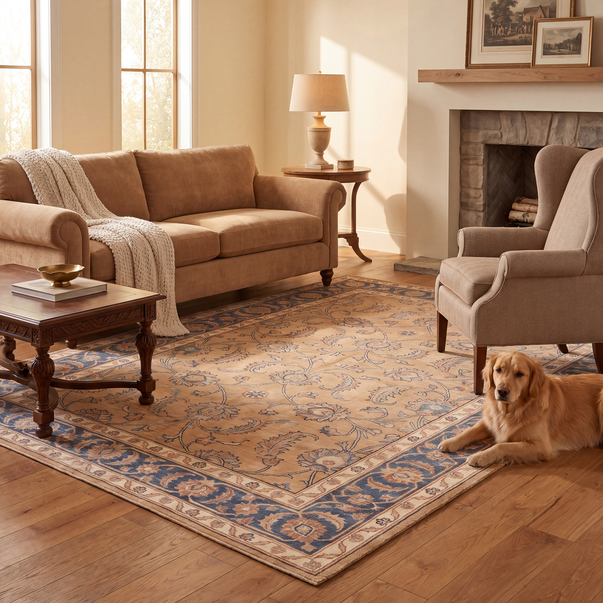A dog resting on the rug in a living room.