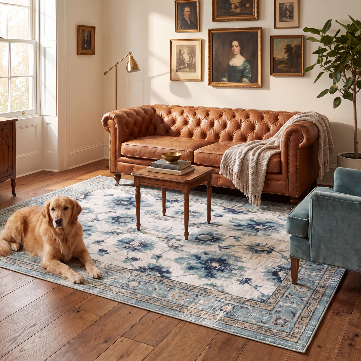 A dog resting on the rug in a living room.