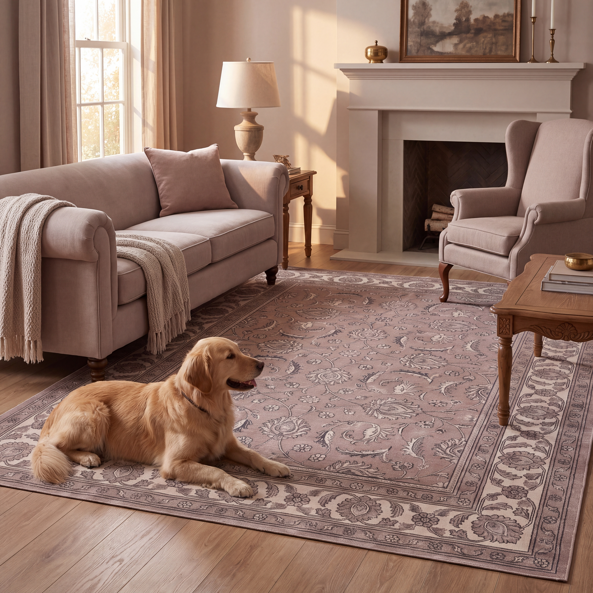 A dog resting on the rug in a living room.