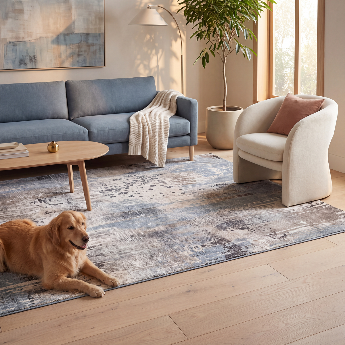 A dog resting on the rug in a living room.