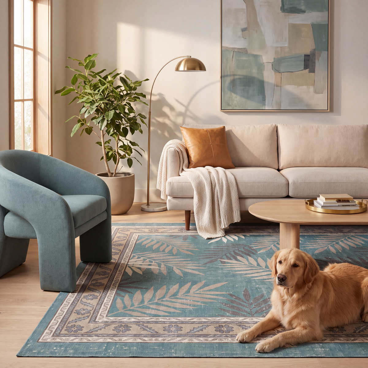 A dog resting on the rug in a living room.