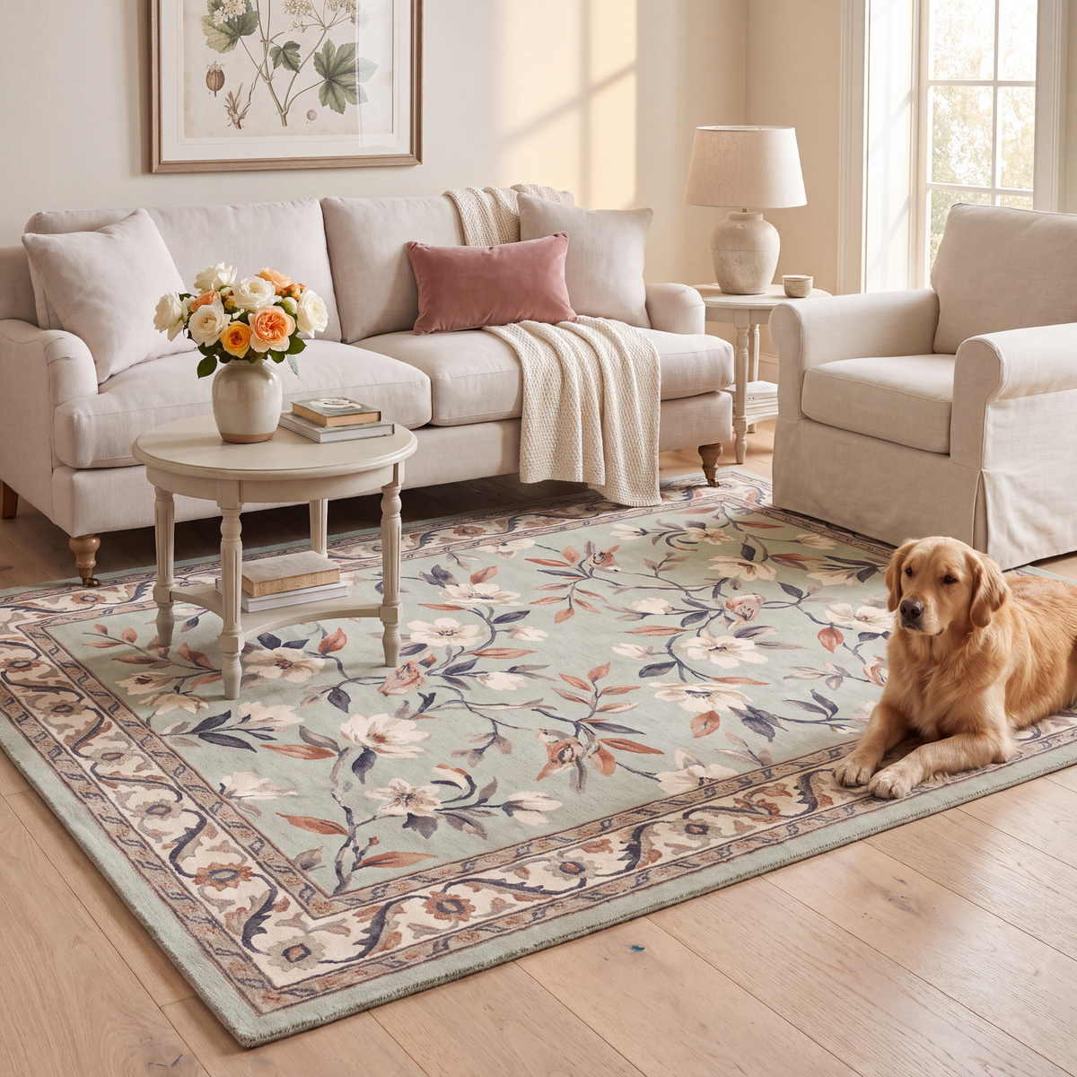 A dog resting on the rug in a living room.